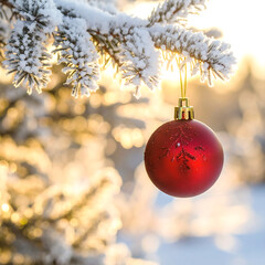 Christmas ornament hanging on snowy tree branch
