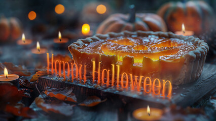 Pumpkin pie with Halloween decorations and candles set in a spooky atmosphere during autumn festivities