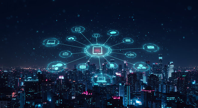 Digital network connection concept with glowing smartphone icons floating above futuristic city skyline at night representing smart technology and global communication