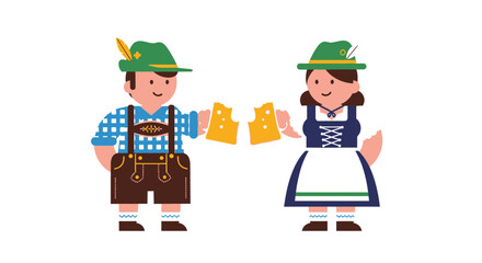 Smiling cartoon couple in traditional Bavarian Lederhosen and Dirndl toasting with beer mugs.