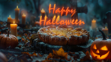 Halloween celebration featuring spooky decorations, candles, and pumpkin treats in an autumn cemetery