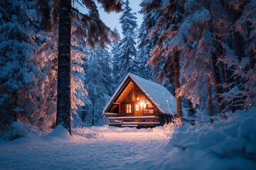Wooden cabin surrounded by snowy forest trees illuminated with warm glowing lights. Peaceful winter landscape symbolizing cozy lifestyle, holidays and harmony with nature.