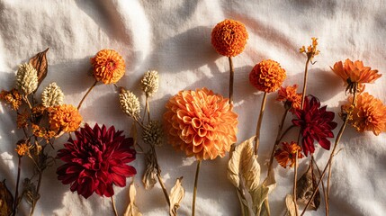 Flat lay of autumn florals with dried dahlias and marigolds, arranged on cream linen, soft shadows, copy space