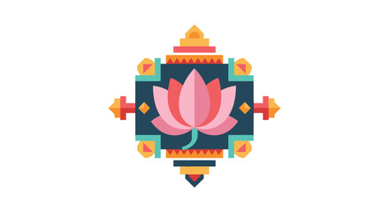 Obraz premium Stylized pink lotus flower in a colorful, symmetrical, geometric ornamental frame.