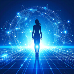 Woman standing in digital network future illustration