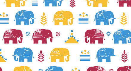 Obraz premium Vibrant seamless pattern of stylized Indian elephants in red, blue, and yellow with decorative folk art motifs.