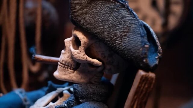 A weathered pirate skeleton relishing a cigar in his quarters with clocks ticking by