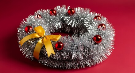 Elegant silver tinsel wreath with red baubles and golden bow, festive holiday decor for Christmas celebration