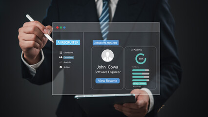 Modern HR technology using artificial intelligence to evaluate candidate skills and resume, showing innovation and the digital transformation of future work.