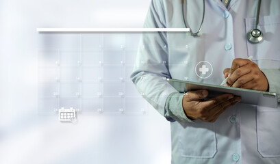 Close-up of a doctor using a digital tablet with a virtual calendar, symbolizing medical appointment scheduling and healthcare time management.