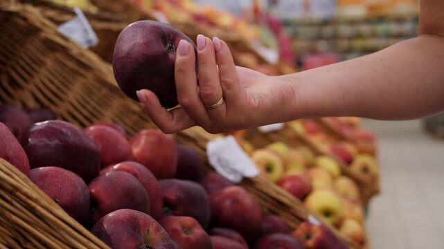 Close-up of a woman selecting red apples in a supermarket. The woman's hand holding a red apple in the grocery store.