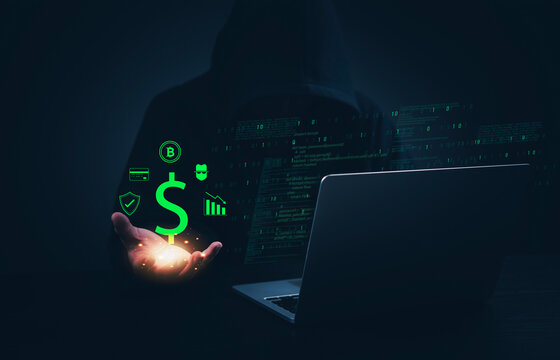 Anonymous hacker holding glowing dollar sign with bitcoin and financial icons, concept of online fraud, data theft, and digital money cyber attack.