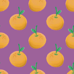 Hand Drawn Orange Fruit Pattern with Green Leaf – Seamless Citrus Illustration on Colorful Background