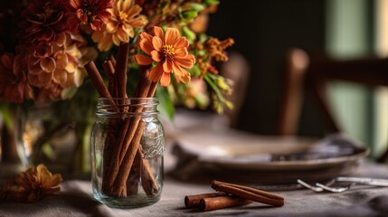 Layered autumn flowers and cinnamon sticks, rustic farmhouse table setting
