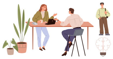 Two coworkers share ideas at a desk with a laptop, coffee, and books, surrounded by potted plants. Casual observer and creative bulb metaphor. Ideal for teamwork, collaboration, communication