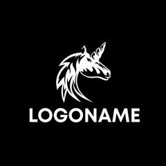 Majestic Unicorn Head Logo Design, White on Black.