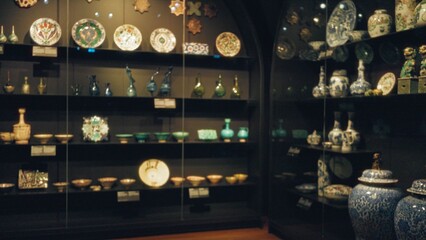 Defocused view of an art museum showcasing a variety of colorful ceramics and pottery in glass display cabinets with a blurry atmospheric setting.