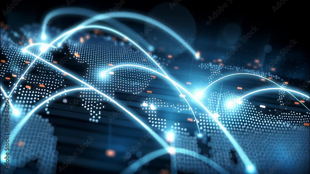 Poster glowing network lines interconnecting global continents, representing worldwide digital communicatio