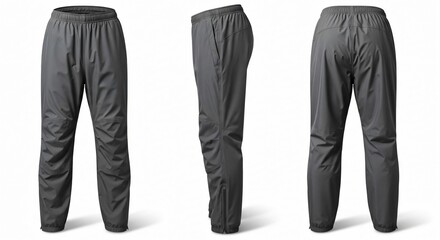 Three views of gray technical outdoor pants with elastic waist isolated on a white background.