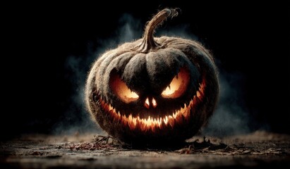 Spooky Halloween jack o lantern glowing in darkness with evil carved face and eerie smoke atmosphere Generative AI