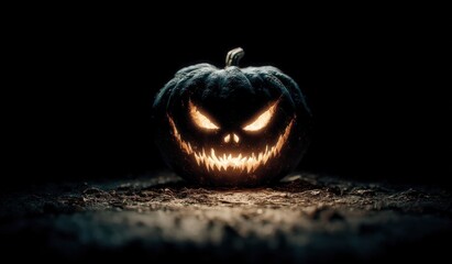 Scary glowing jack o lantern with sharp teeth and sinister eyes sitting on dark forest ground under eerie Halloween lighting Generative AI