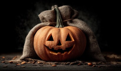 Happy carved jack o lantern pumpkin with triangle eyes and burlap sack background surrounded by scattered seeds on dark surface Generative AI