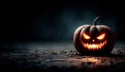 Glowing evil jack o lantern with sharp teeth and intense eyes on dark ground in moody Halloween night lighting Generative AI