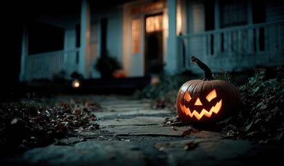 Glowing jack o lantern with jagged face on stone path near porch of spooky house during Halloween night with autumn leaves Generative AI