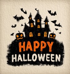 Spooky Halloween illustration with haunted house, flying bats, glowing pumpkins, and bold happy halloween text on textured paper background Generative AI