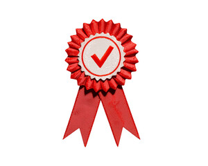 Red Ribbon Rosette Award Badge with Check Mark, Winner Symbol