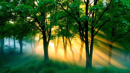 Naklejka premium Tourisms a forest with trees and fog and sunlight shining through the trees in the background of the image