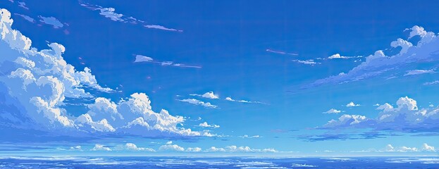 Wide expanse of a vibrant blue sky dotted with fluffy white clouds, stretching to a hazy horizon