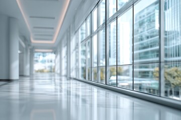 Wide, bright, modern hallway with large windows showing city views
