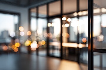 Interior view of a modern office space through glass partitions.  Blurred cityscape and warm lighting visible through the glass