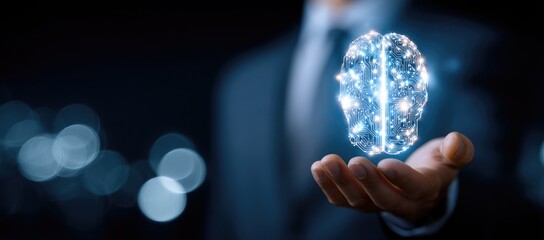 A hand holds a glowing, digital representation of a brain, in a dark background with bokeh