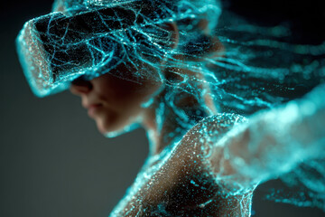 Woman wearing virtual reality headset surrounded by glowing blue network lines on dark background. Concept of virtual reality, technology and future innovation