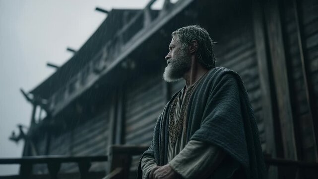 Bearded man on wet ark deck. Storm above. Rain hits deck, ship, boat, and wood. Flood surrounds ark. Wooden timbers of boat soaked. Noah stands still. Flood, storm, rain fall on ark made of timbers