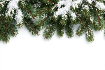Snowy fir branches border against white