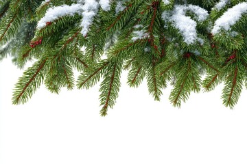 Snowy fir branches against white