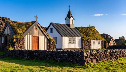 Fototapeta premium Icelandic church nestled in a grassy valley