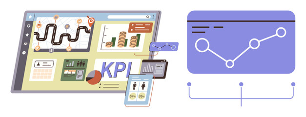 Dashboard with charts, KPIs, and timeline tracking progress. Tablet, graphs, and metrics illustrate data analysis. Ideal for business management, strategy, performance monitoring analytics growth