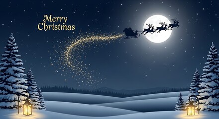 Magical Christmas Eve Santa's sleigh flies over snowy landscape under full moon