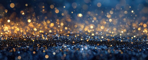 Abstract background of golden and blue shimmering light bokeh over a dark surface