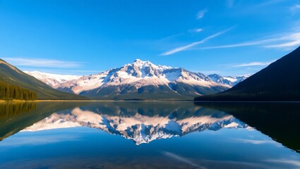Tourisms a scenic view of a snow capped mountain reflecting in a calm lake under a clear blue sky on a sunny day