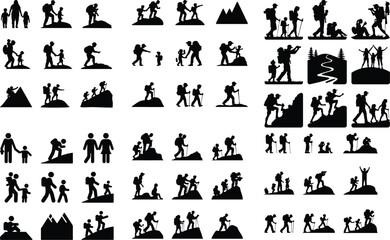 Naklejka premium Families Hiking Together Silhouette Vector Icon Design Family Adventure Outdoors – Hiking Silhouette Icon Set