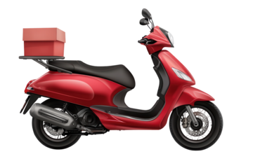 Food delivery scooter parked in front of a busy street, ready for quick service and convenience