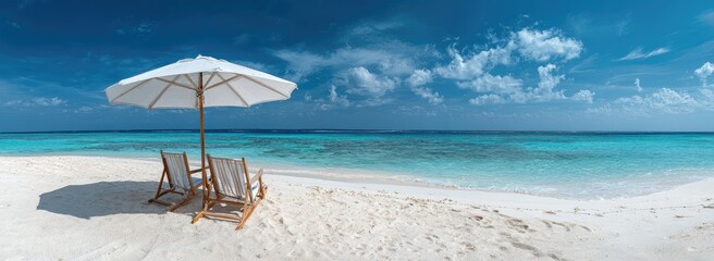 Tropical beach with white umbrella and chairs