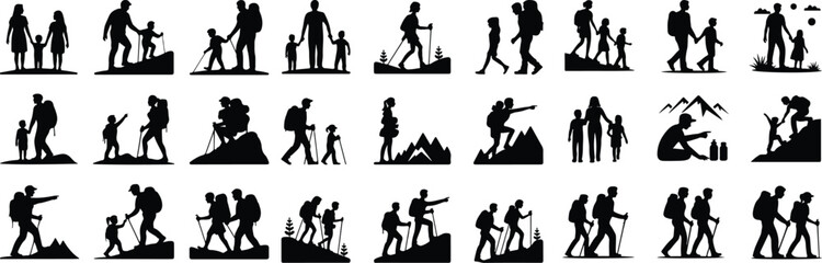Families Hiking Together Silhouette Vector Icon Design Family Adventure Outdoors – Hiking Silhouette Icon Set