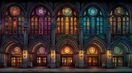 Obraz premium Gothic architecture facade at night, vibrant stained glass