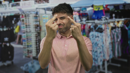 Hispanic man flips middle fingers at colorful souvenir stall on a crowded street market in city...